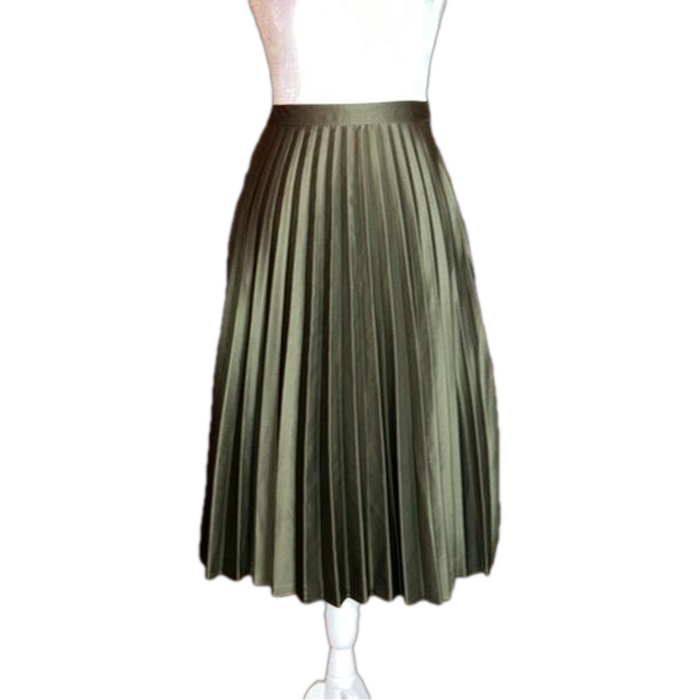 TOPSHOP PETITE Accordion Pleated Satin Olive Green Skirt, Size 0 - Picture 3 of 11